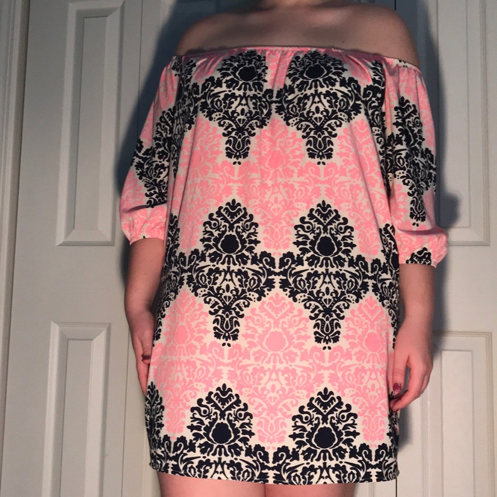 Navy, white, and pink dress